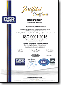 ISO 2009:2015 Zertifikat - Hornung OSP wurde durch DSR-Certification zertifiziert / Dokument